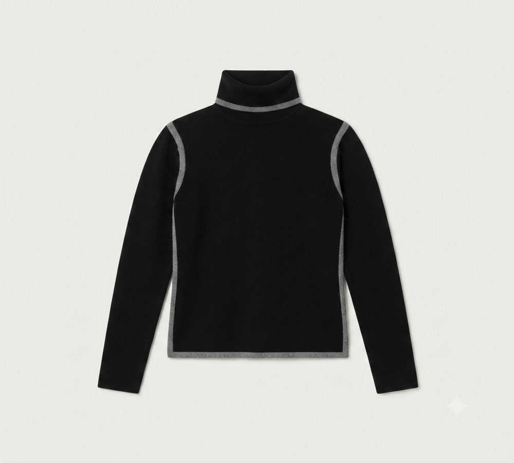 Tracy M Silk Angora Blend Turtleneck Sweater Black Grey Trim Soft Luxury Size M